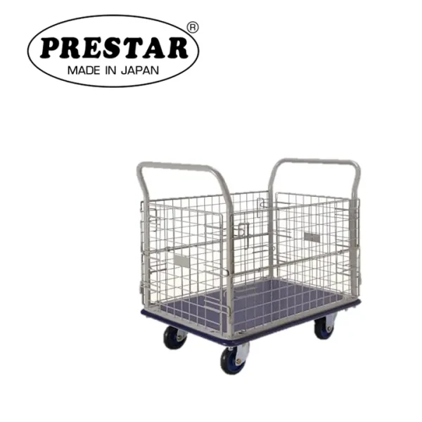 PRESTAR รถเข็นพื้นเหล็ก ขอบตะแกรงสูง 4 ด้าน 300 kg. Made in Japan