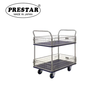 PRESTAR รถเข็นพื้นเหล็ก 2 ขั้น ขอบตะแกรงกันตก 4 ด้าน 300 kg. Made in Japan