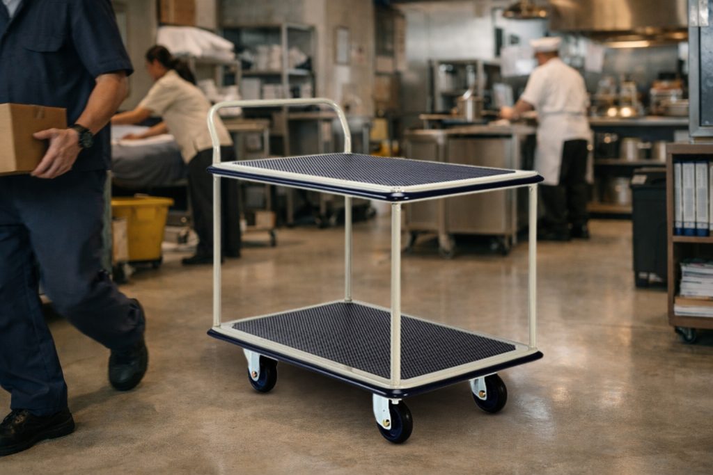 รถเข็น 2 ชั้นใช้งานในพื้นที่ทำงานจริง เหมาะกับงานบริการและขนย้ายในอาคาร