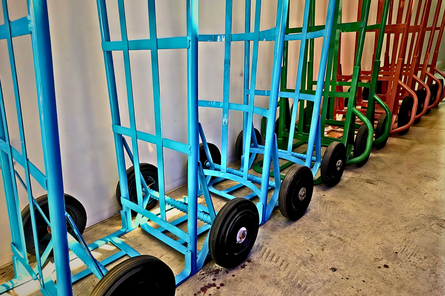 แถวรถเข็น 2 ล้อ โครงเหล็กหลากสีสัน ทั้งสีฟ้า สีเขียว และสีส้ม วางเรียงรายพร้อมใช้งานในคลังสินค้า