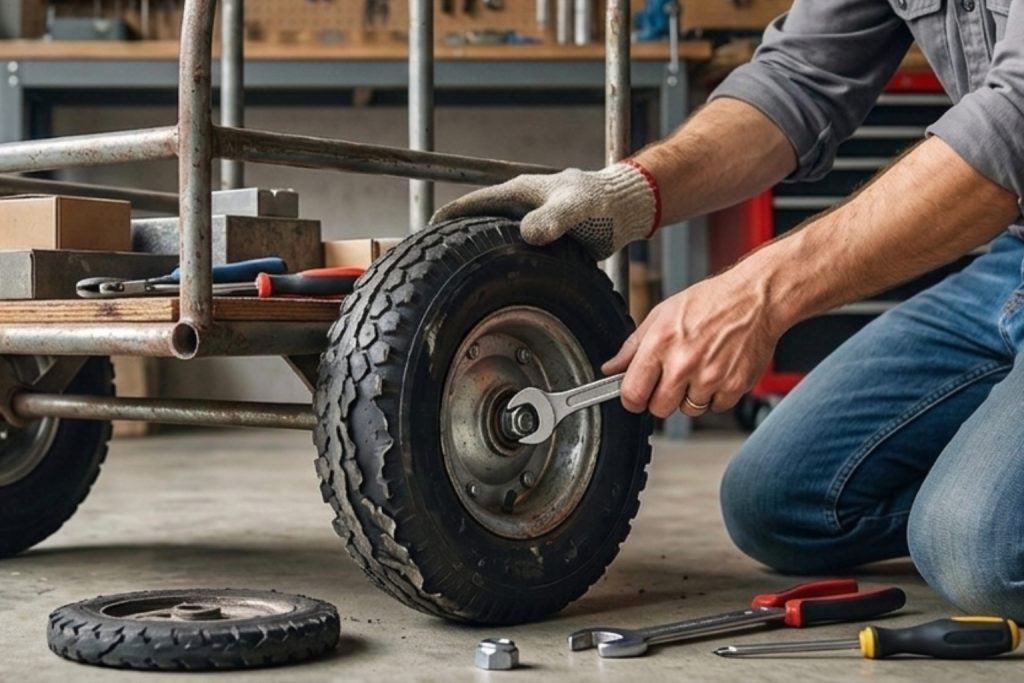 ช่างกำลังใช้ประแจซ่อมล้อรถเข็นขนของที่มีปัญหาหน้ายางหลุดและน็อตหลวมในโรงรถ