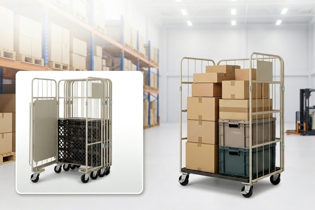 รถเข็นคลังสินค้ากรงเหล็กทรงสูง Prestar Worktainer แบบพับเก็บซ้อนกันได้ในคลังสินค้า